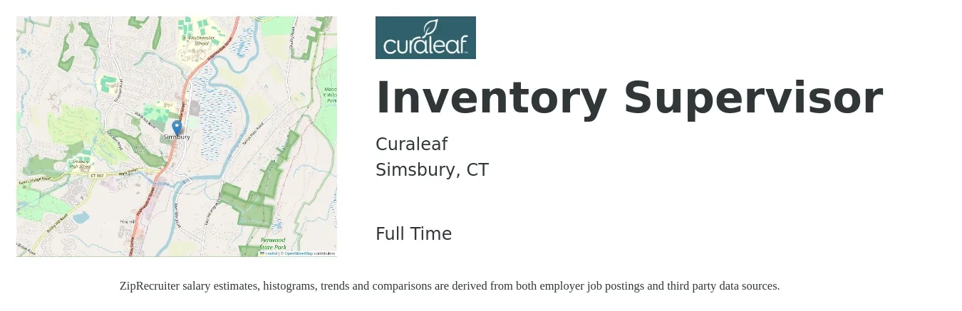 Curaleaf job posting for a Inventory Supervisor in Simsbury, CT with a salary of $40,600 to $64,900 Yearly with a map of Simsbury location.