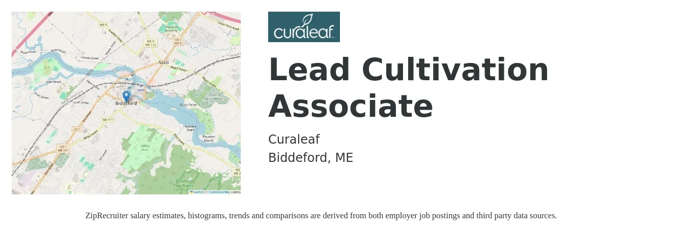 Curaleaf job posting for a Lead Cultivation Associate in Biddeford, ME with a salary of $19 to $23 Hourly with a map of Biddeford location.