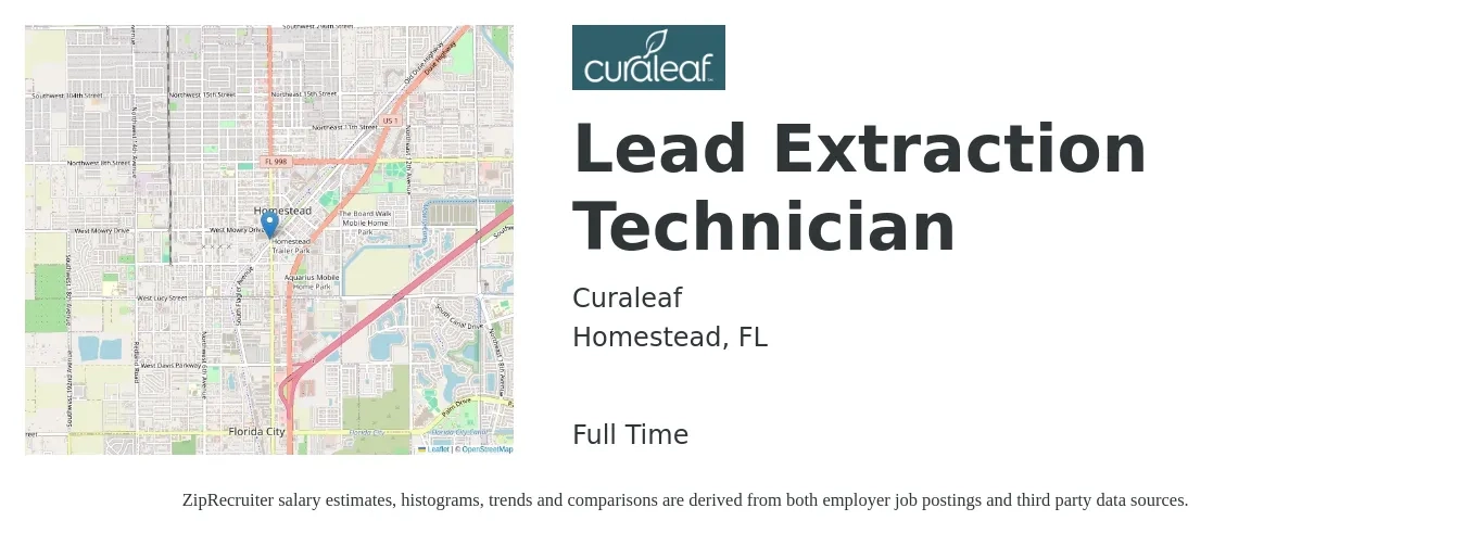 Curaleaf job posting for a Lead Extraction Technician in Homestead, FL with a salary of $40,400 to $52,400 Yearly with a map of Homestead location.