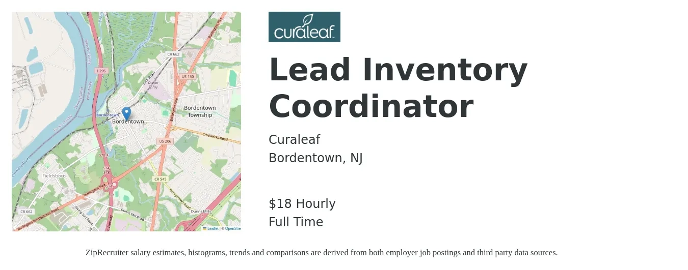 Curaleaf job posting for a Lead Inventory Coordinator in Bordentown, NJ with a salary of $20 Hourly with a map of Bordentown location.
