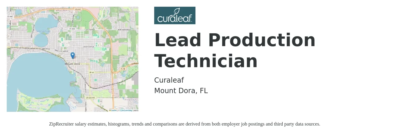 Curaleaf job posting for a Lead Production Technician in Mount Dora, FL with a salary of $16 to $23 Hourly with a map of Mount Dora location.