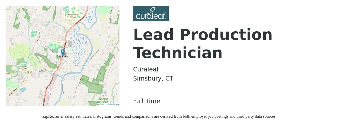 Curaleaf job posting for a Lead Production Technician in Simsbury, CT with a salary of $19 to $26 Hourly with a map of Simsbury location.