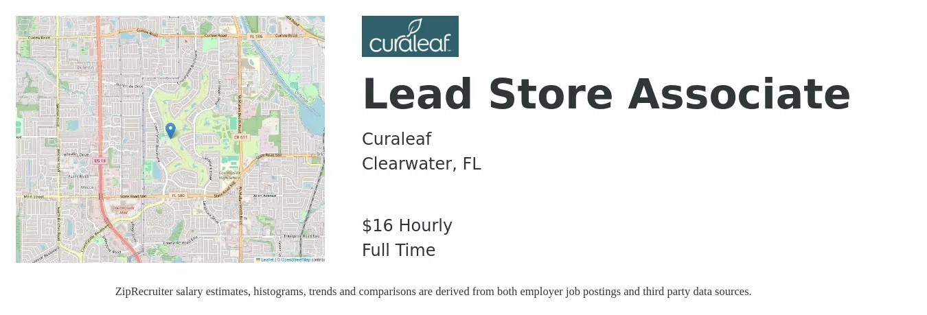 Curaleaf job posting for a Lead Store Associate in Clearwater, FL with a salary of $18 Hourly with a map of Clearwater location.