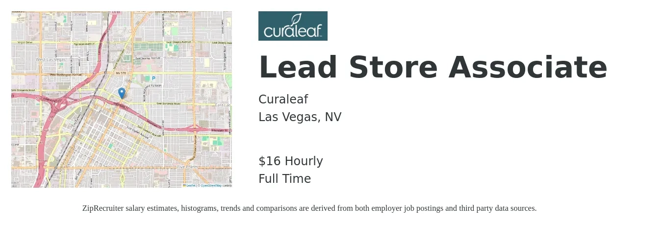 Curaleaf job posting for a Lead Store Associate in Las Vegas, NV with a salary of $18 Hourly with a map of Las Vegas location.