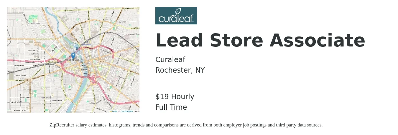 Curaleaf job posting for a Lead Store Associate in Rochester, NY with a salary of $20 Hourly with a map of Rochester location.