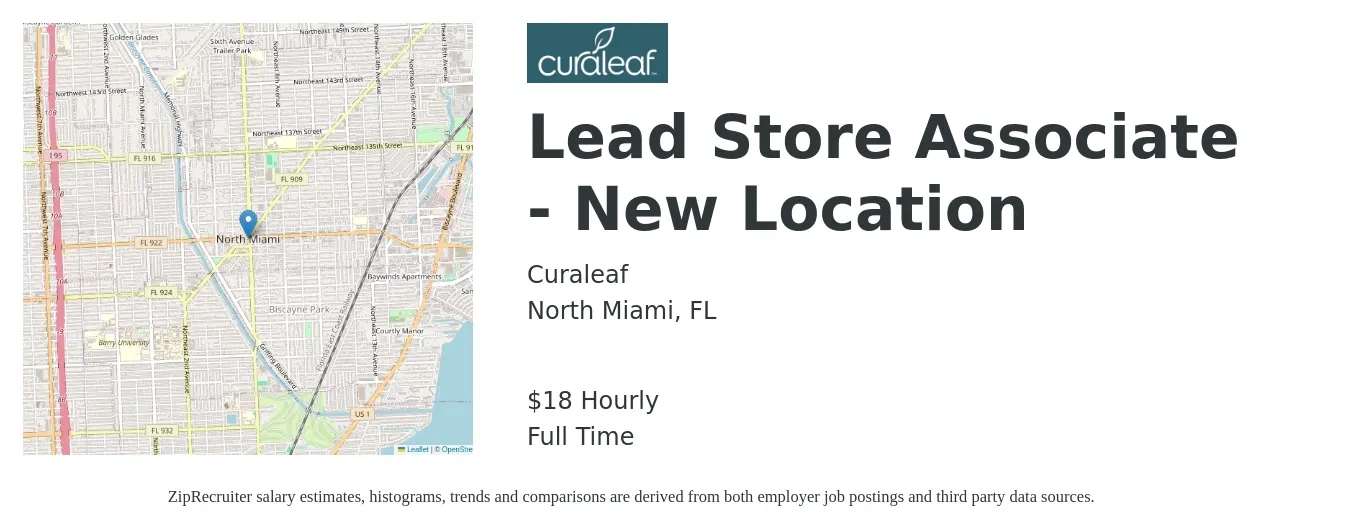 Curaleaf job posting for a Lead Store Associate - New Location in North Miami, FL with a salary of $19 Hourly with a map of North Miami location.