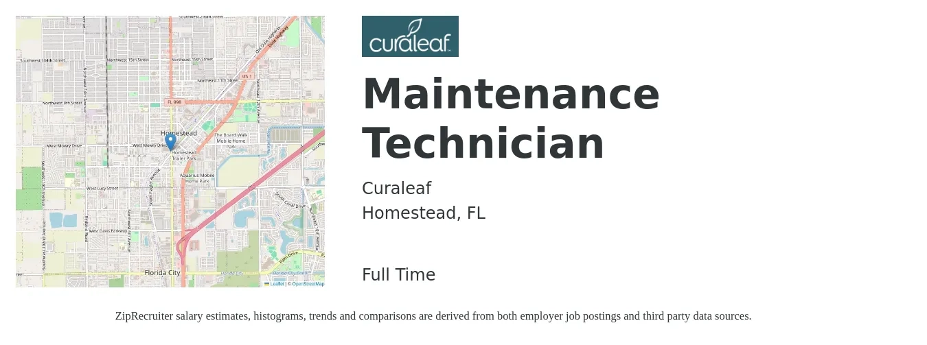 Curaleaf job posting for a Maintenance Technician in Homestead, FL with a salary of $18 to $24 Hourly with a map of Homestead location.