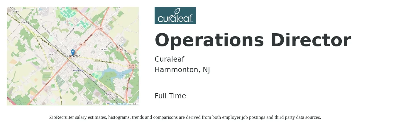 Curaleaf job posting for a Operations Director in Hammonton, NJ with a salary of $72,400 to $130,000 Yearly with a map of Hammonton location.
