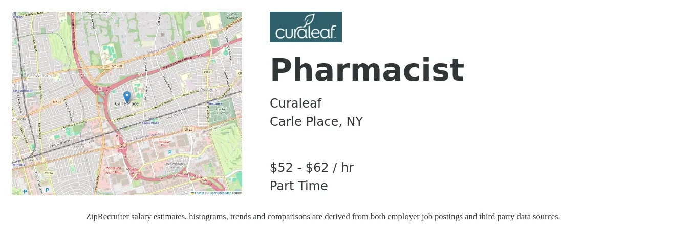Curaleaf job posting for a Pharmacist in Carle Place, NY with a salary of $55 to $65 Hourly with a map of Carle Place location.