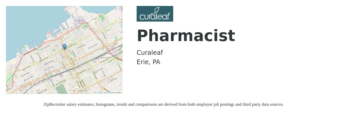 Curaleaf job posting for a Pharmacist in Erie, PA with a salary of $56 to $68 Hourly with a map of Erie location.