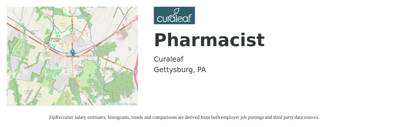 Curaleaf job posting for a Pharmacist in Gettysburg, PA with a salary of $60 to $72 Hourly with a map of Gettysburg location.