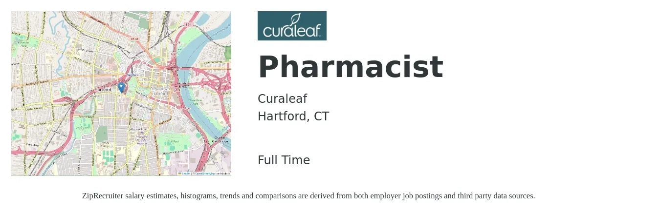 Curaleaf job posting for a Pharmacist in Hartford, CT with a salary of $59 to $70 Hourly with a map of Hartford location.