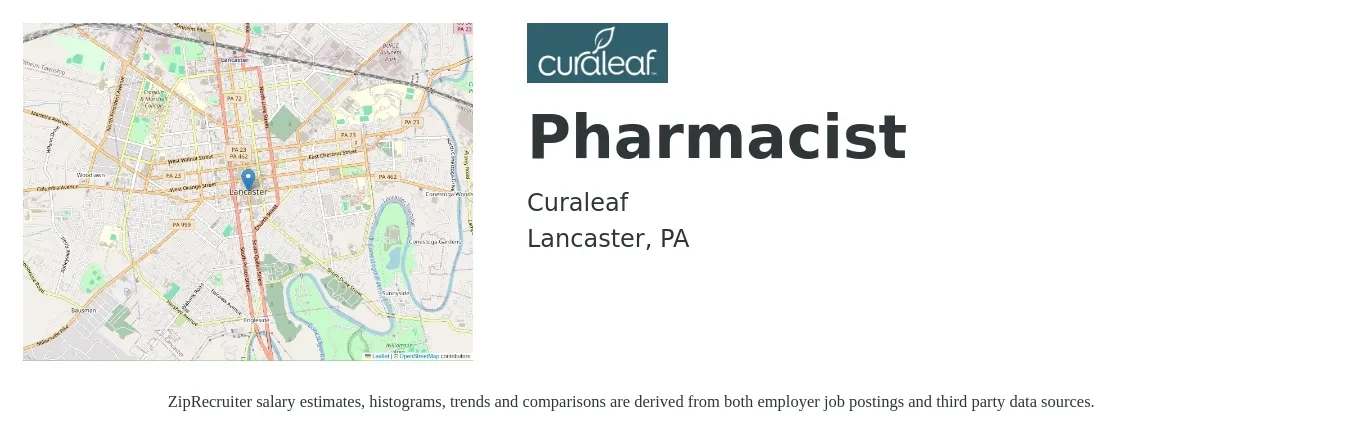 Curaleaf job posting for a Pharmacist in Lancaster, PA with a salary of $56 to $68 Hourly with a map of Lancaster location.