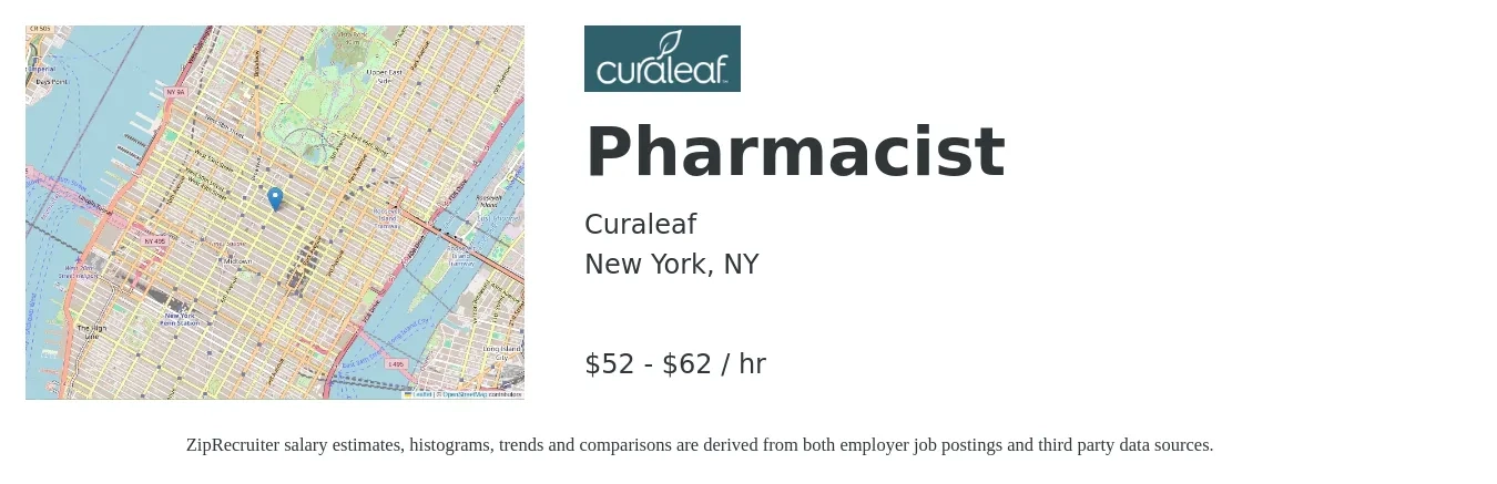 Curaleaf job posting for a Pharmacist in New York, NY with a salary of $55 to $65 Hourly with a map of New York location.