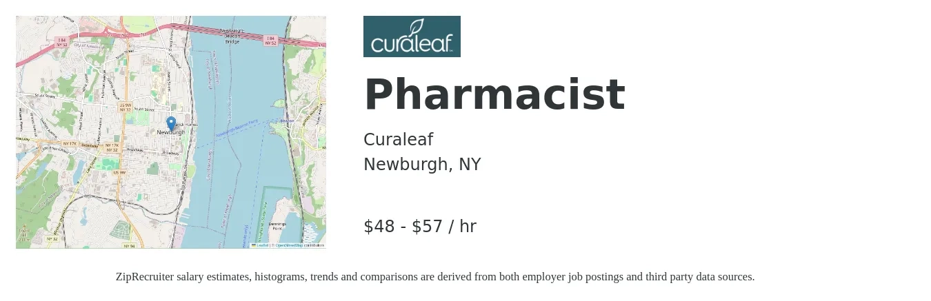Curaleaf job posting for a Pharmacist in Newburgh, NY with a salary of $50 to $60 Hourly with a map of Newburgh location.