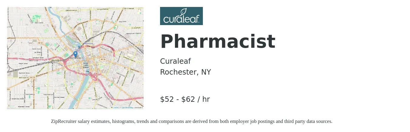 Curaleaf job posting for a Pharmacist in Rochester, NY with a salary of $55 to $65 Hourly with a map of Rochester location.