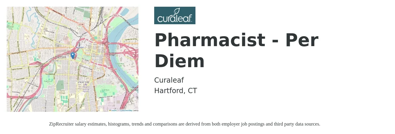 Curaleaf job posting for a Pharmacist - Per Diem in Hartford, CT with a salary of $59 to $70 Hourly with a map of Hartford location.