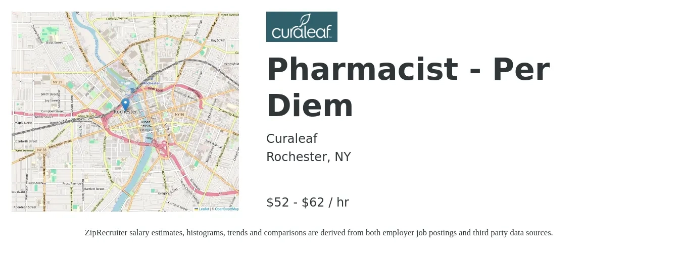 Curaleaf job posting for a Pharmacist - Per Diem in Rochester, NY with a salary of $55 to $65 Hourly with a map of Rochester location.