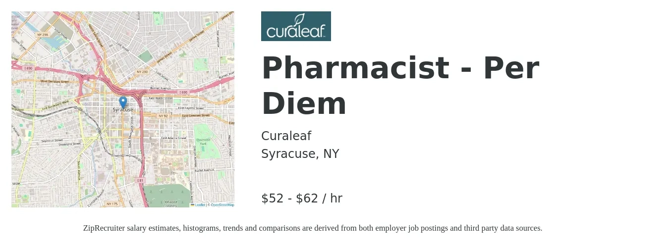 Curaleaf job posting for a Pharmacist - Per Diem in Syracuse, NY with a salary of $55 to $65 Hourly with a map of Syracuse location.