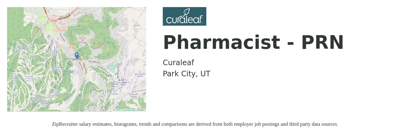 Curaleaf job posting for a Pharmacist - PRN in Park City, UT with a salary of $61 to $73 Hourly with a map of Park City location.