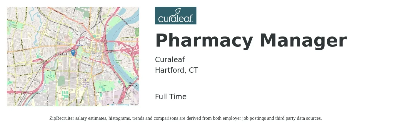 Curaleaf job posting for a Pharmacy Manager in Hartford, CT with a salary of $66 to $77 Hourly with a map of Hartford location.