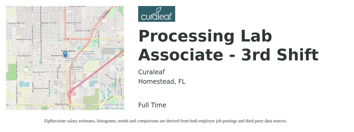 Curaleaf job posting for a Processing Lab Associate - 3rd Shift in Homestead, FL with a salary of $16 to $24 Hourly with a map of Homestead location.