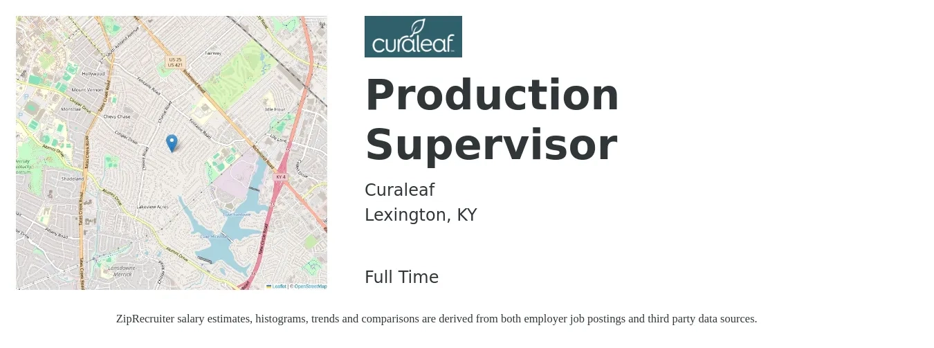 Curaleaf job posting for a Production Supervisor in Lexington, KY with a salary of $55,700 to $80,000 Yearly with a map of Lexington location.
