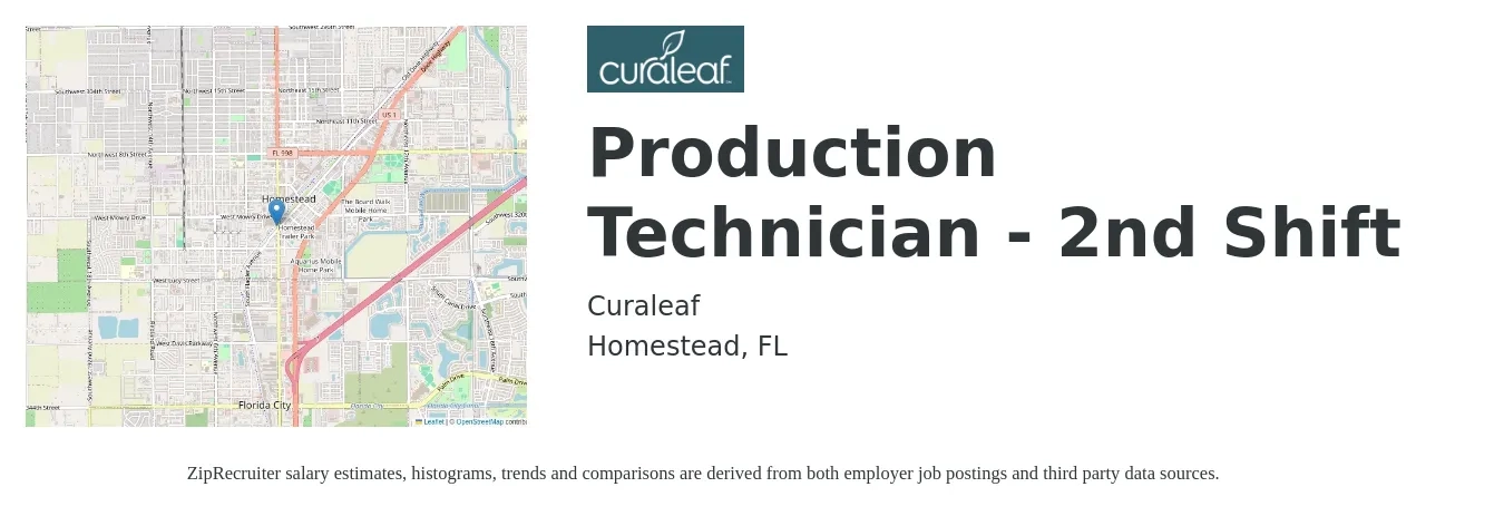 Curaleaf job posting for a Production Technician - 2nd Shift in Homestead, FL with a salary of $16 to $20 Hourly with a map of Homestead location.