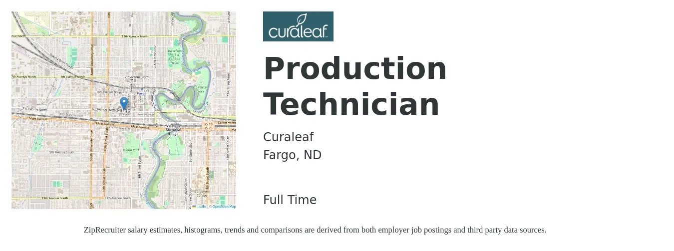 Curaleaf job posting for a Production Technician in Fargo, ND with a salary of $17 to $21 Hourly with a map of Fargo location.