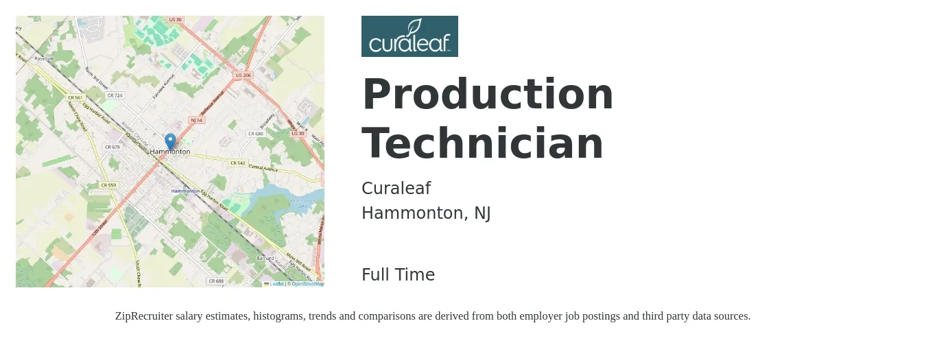 Curaleaf job posting for a Production Technician in Hammonton, NJ with a salary of $16 to $20 Hourly with a map of Hammonton location.