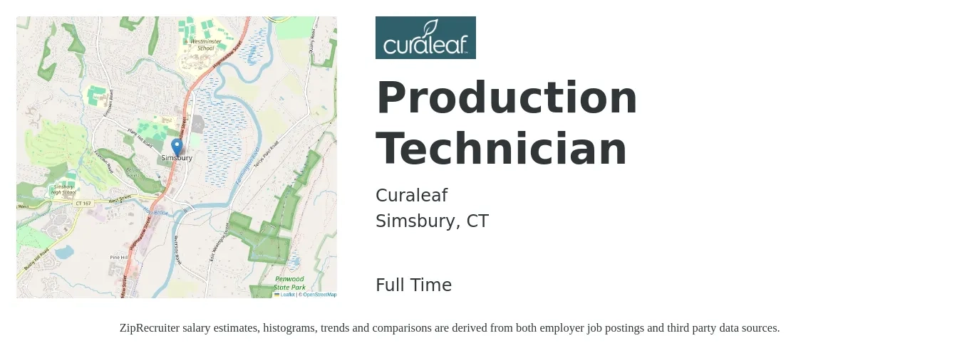 Curaleaf job posting for a Production Technician in Simsbury, CT with a salary of $18 to $22 Hourly with a map of Simsbury location.