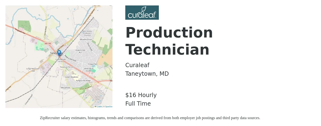Curaleaf job posting for a Production Technician in Taneytown, MD with a salary of $17 Hourly with a map of Taneytown location.