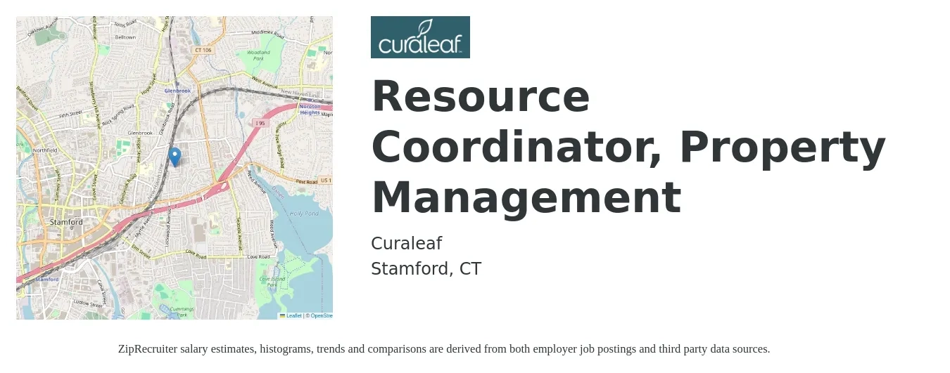 Curaleaf job posting for a Resource Coordinator, Property Management in Stamford, CT with a salary of $45,800 to $74,100 Yearly with a map of Stamford location.