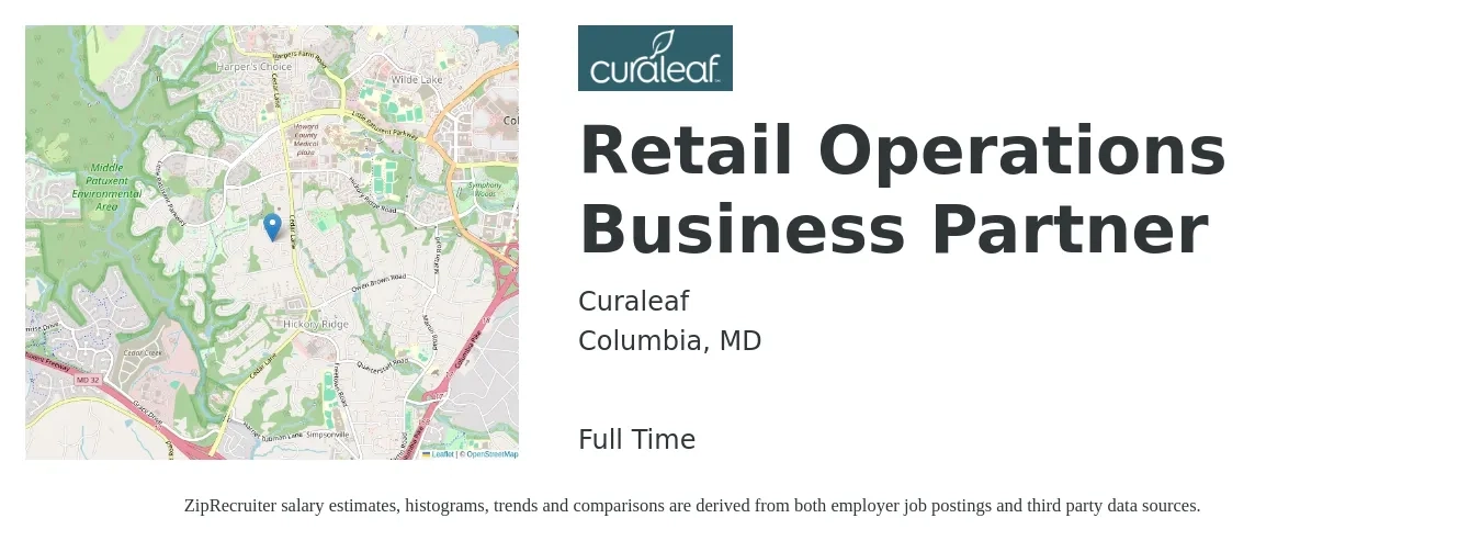 Curaleaf job posting for a Retail Operations Business Partner in Columbia, MD with a salary of $75,400 to $118,600 Yearly with a map of Columbia location.