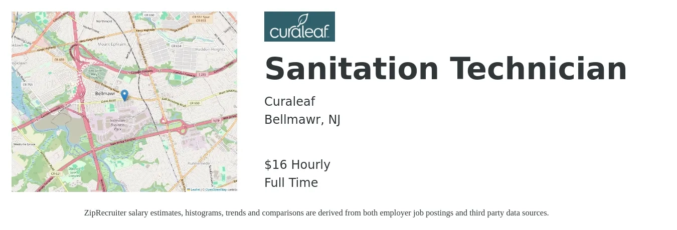 Curaleaf job posting for a Sanitation Technician in Bellmawr, NJ with a salary of $17 Hourly with a map of Bellmawr location.