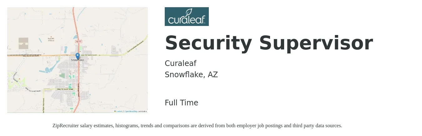 Curaleaf job posting for a Security Supervisor in Snowflake, AZ with a salary of $16 to $26 Hourly with a map of Snowflake location.