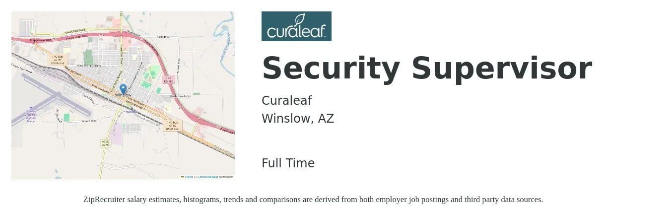Curaleaf job posting for a Security Supervisor in Winslow, AZ with a salary of $18 to $28 Hourly with a map of Winslow location.