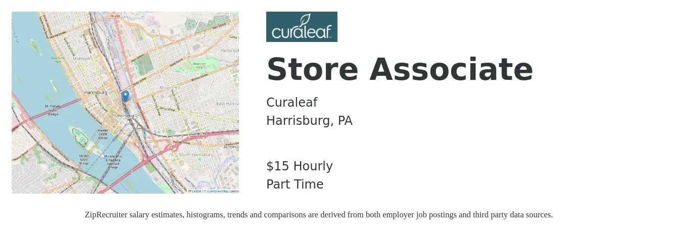 Curaleaf job posting for a Store Associate in Harrisburg, PA with a salary of $16 Hourly with a map of Harrisburg location.