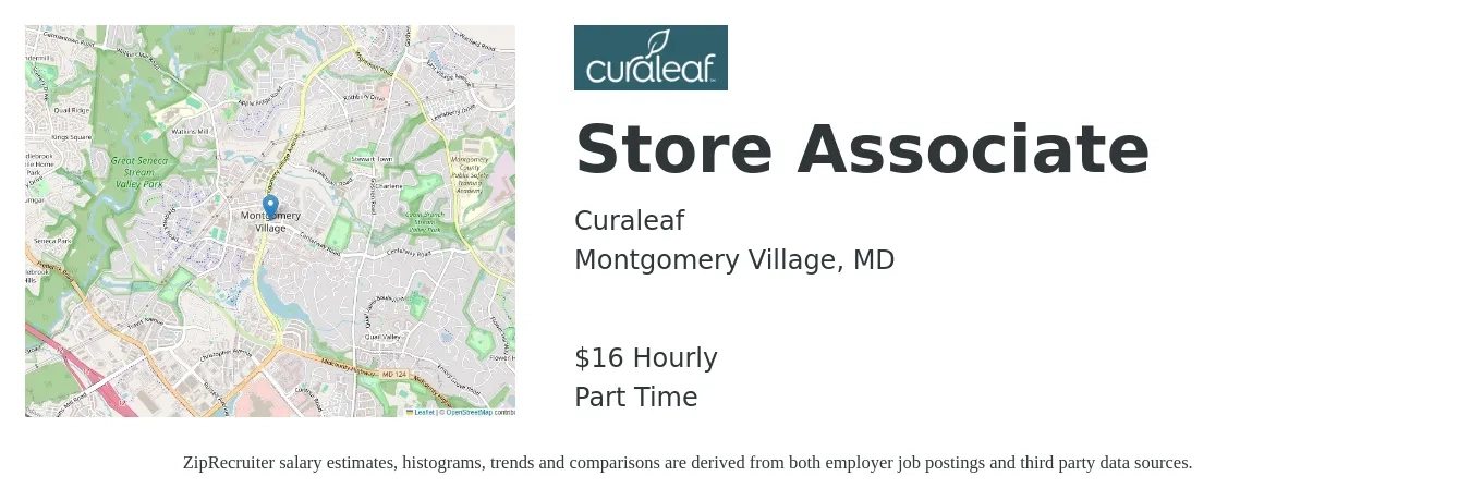 Curaleaf job posting for a Store Associate in Montgomery Village, MD with a salary of $17 Hourly with a map of Montgomery Village location.