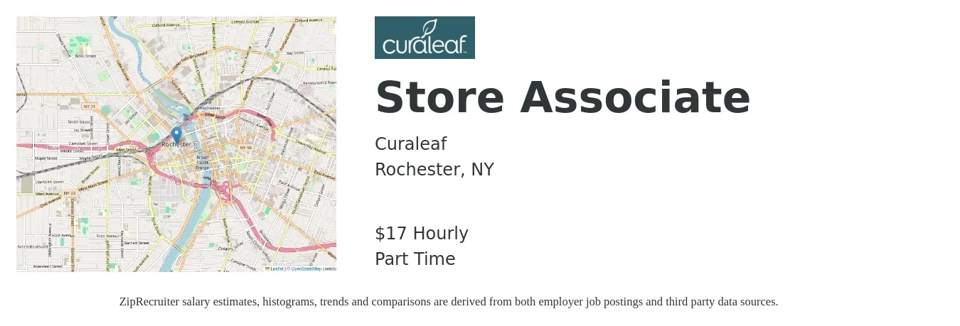 Curaleaf job posting for a Store Associate in Rochester, NY with a salary of $18 Hourly with a map of Rochester location.