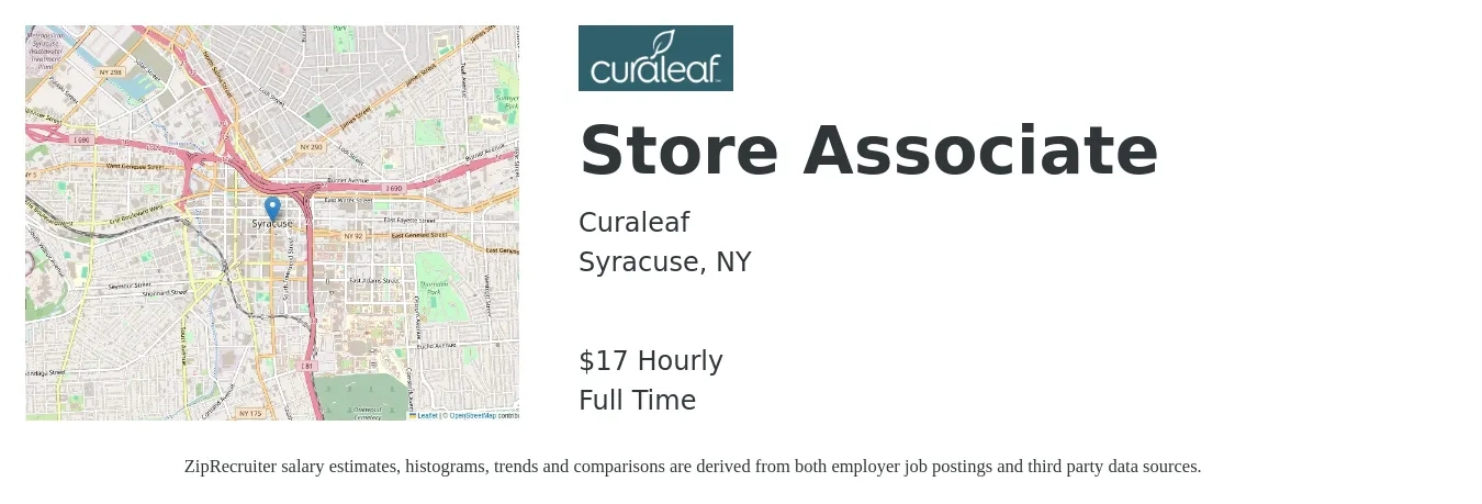 Curaleaf job posting for a Store Associate in Syracuse, NY with a salary of $18 Hourly with a map of Syracuse location.
