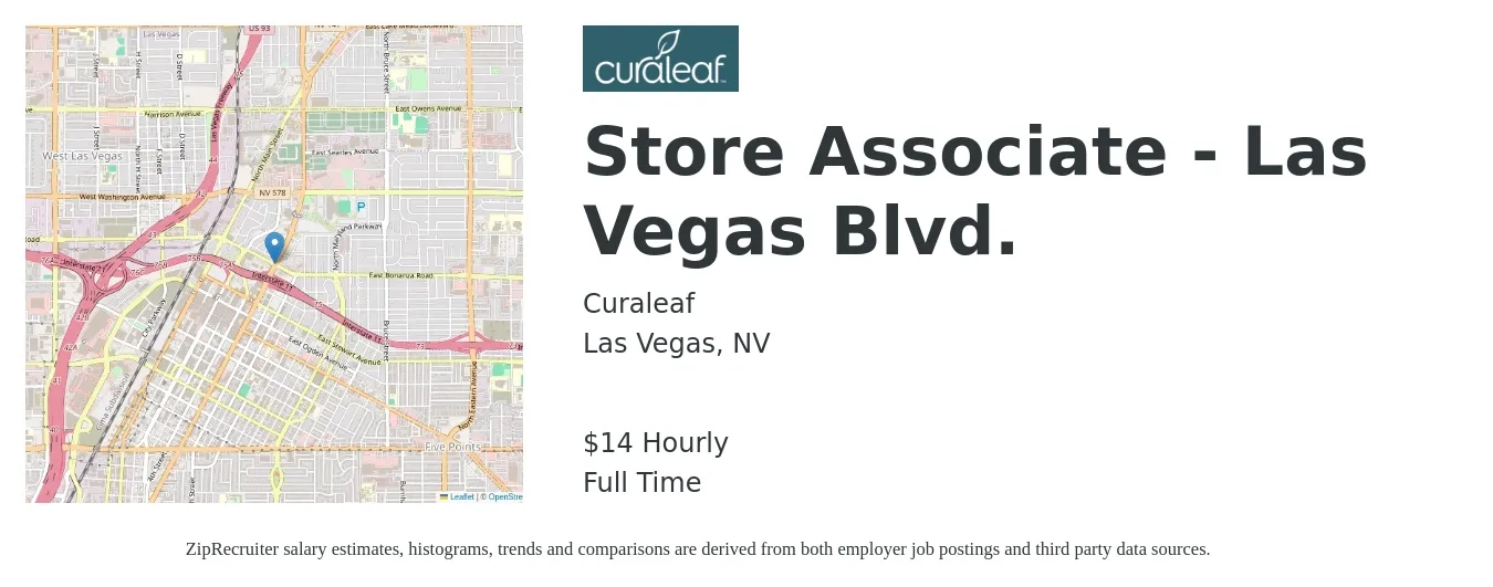 Curaleaf job posting for a Store Associate - Las Vegas Blvd. in Las Vegas, NV with a salary of $15 Hourly with a map of Las Vegas location.