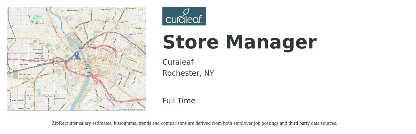 Curaleaf job posting for a Store Manager in Rochester, NY with a salary of $70,000 to $86,000 Yearly with a map of Rochester location.