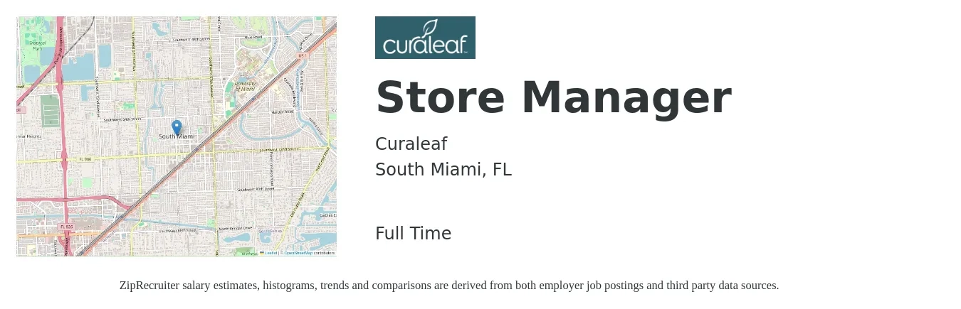 Curaleaf job posting for a Store Manager in South Miami, FL with a salary of $38,900 to $60,400 Yearly with a map of South Miami location.