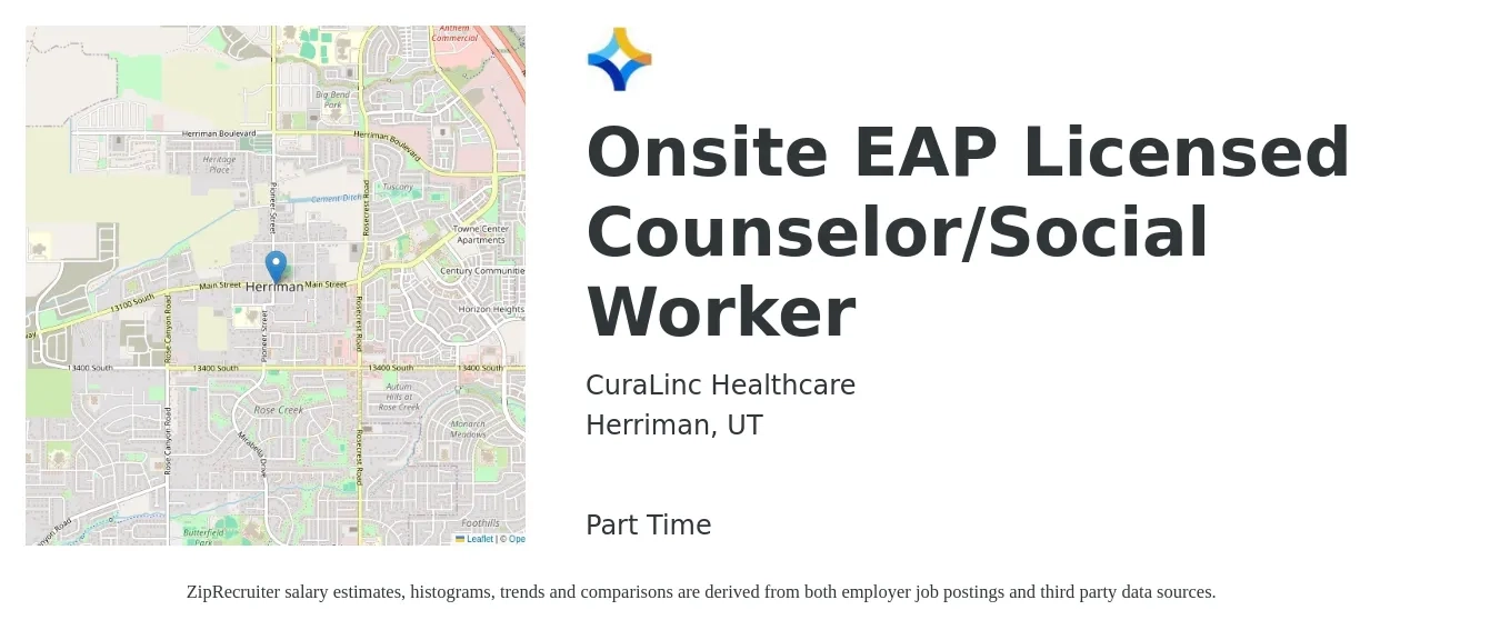 CuraLinc Healthcare job posting for a Onsite EAP Licensed Counselor/Social Worker in Herriman, UT with a salary of $52,100 to $81,100 Yearly with a map of Herriman location.