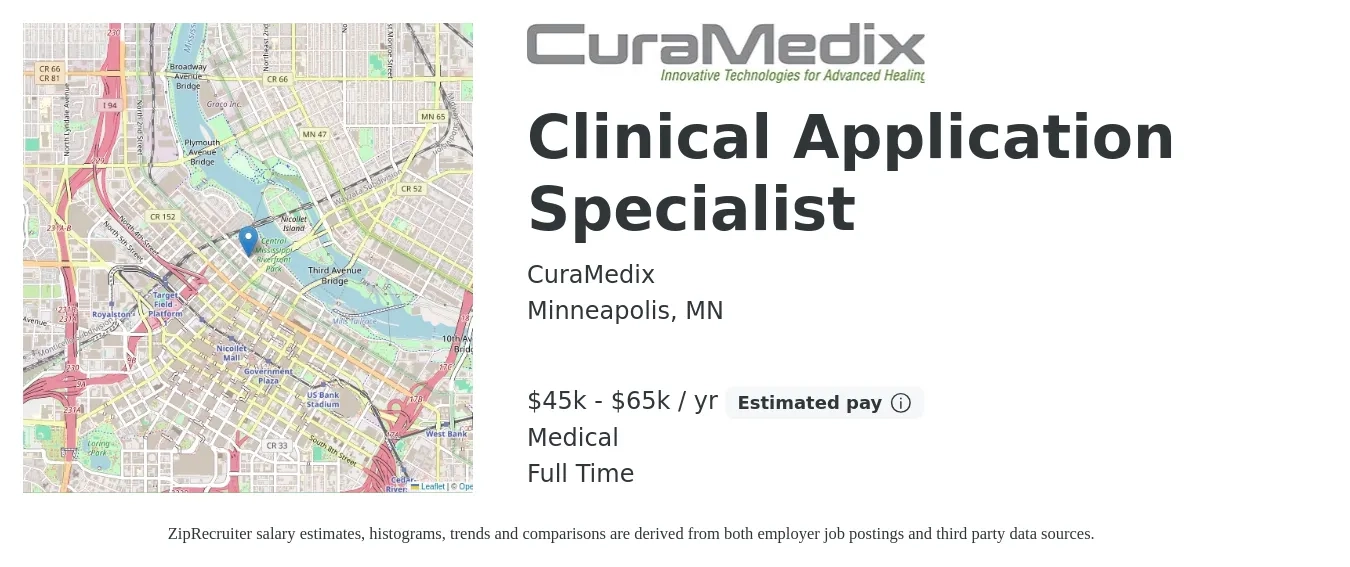 CuraMedix job posting for a Clinical Application Specialist in Minneapolis, MN with a salary of $45,000 to $65,000 Yearly (plus commission) and benefits including medical, and pto with a map of Minneapolis location.