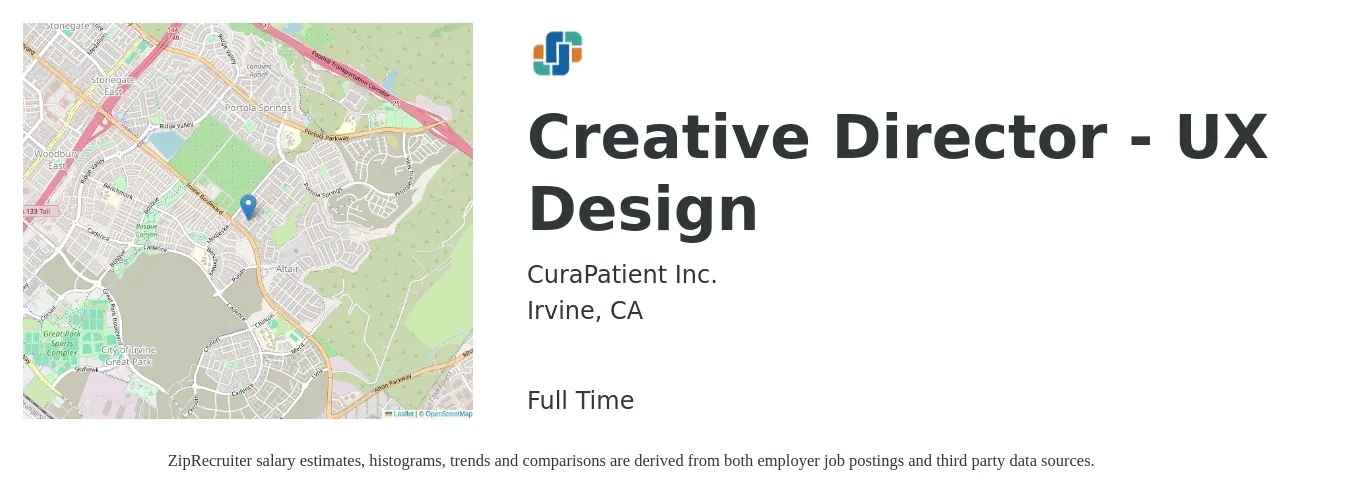 CuraPatient Inc. job posting for a Creative Director - UX Design in Irvine, CA with a salary of $125,000 Yearly with a map of Irvine location.