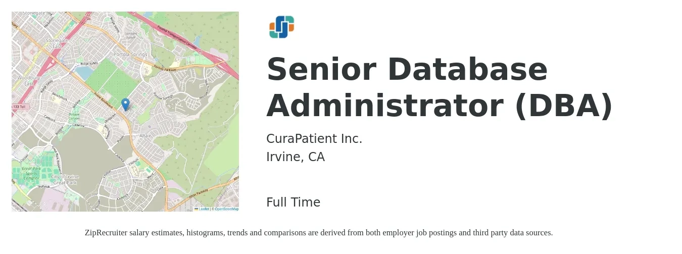 CuraPatient Inc. job posting for a Senior Database Administrator (DBA) in Irvine, CA with a salary of $125,000 Yearly with a map of Irvine location.