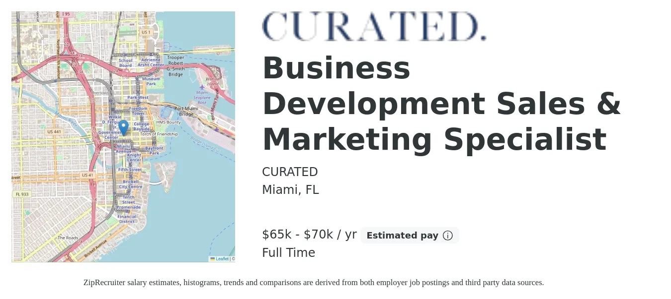 CURATED job posting for a Business Development Sales & Marketing Specialist in Miami, FL with a salary of $65,000 to $70,000 Yearly with a map of Miami location.