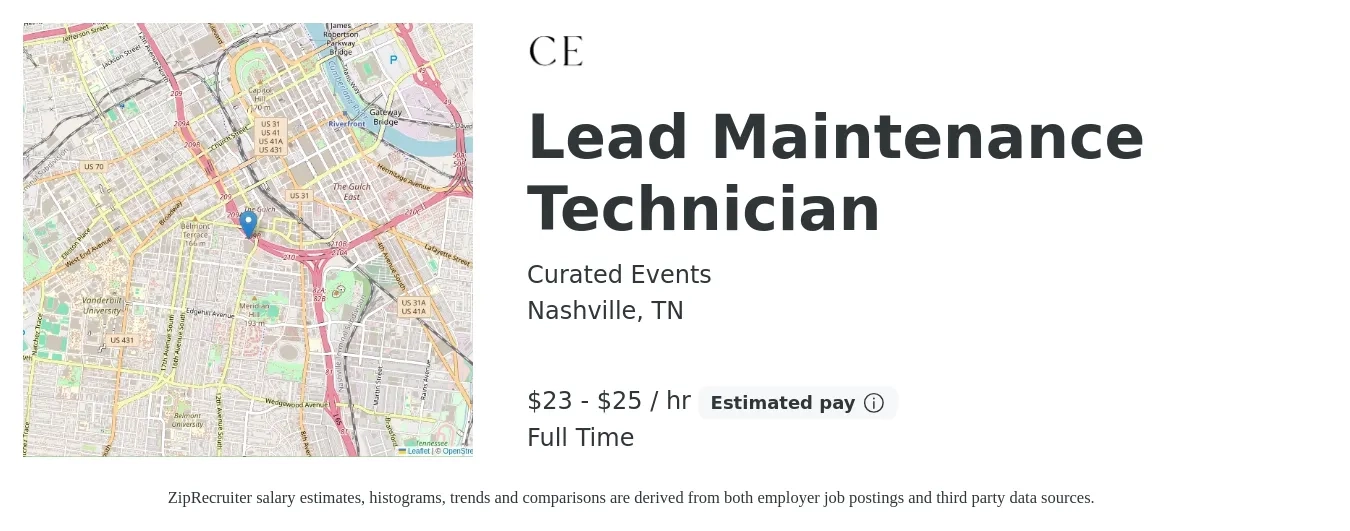 Curated Events job posting for a Lead Maintenance Technician in Nashville, TN with a salary of $24 to $27 Hourly with a map of Nashville location.